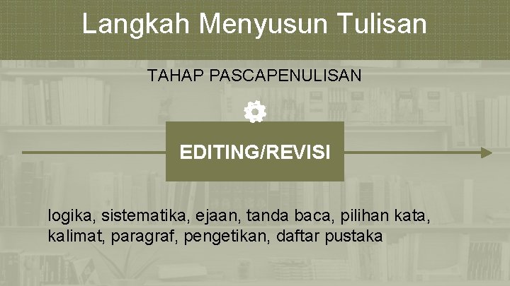 Langkah Menyusun Tulisan TAHAP PASCAPENULISAN EDITING/REVISI logika, sistematika, ejaan, tanda baca, pilihan kata, kalimat,