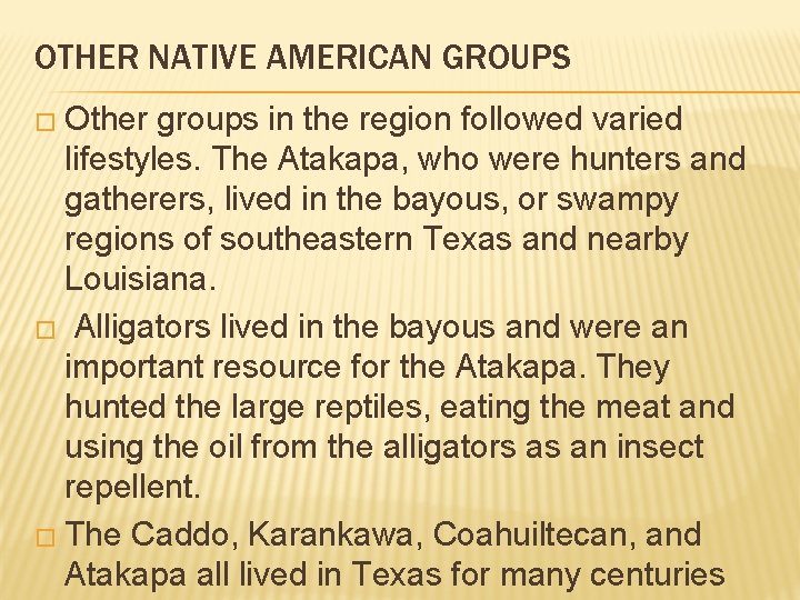 OTHER NATIVE AMERICAN GROUPS � Other groups in the region followed varied lifestyles. The
