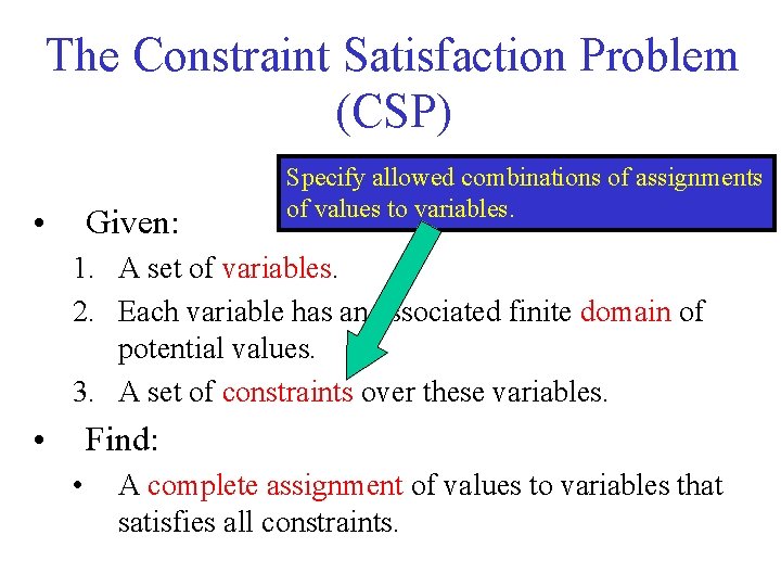 The Constraint Satisfaction Problem (CSP) • Given: Specify allowed combinations of assignments of values