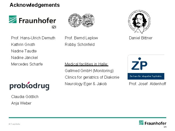 Acknowledgements Prof. Hans-Ulrich Demuth Prof. Bernd Leplow Kathrin Gnoth Robby Schönfeld Daniel Bittner Nadine