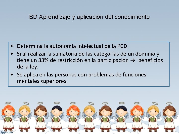 BD Aprendizaje y aplicación del conocimiento • Determina la autonomía intelectual de la PCD.