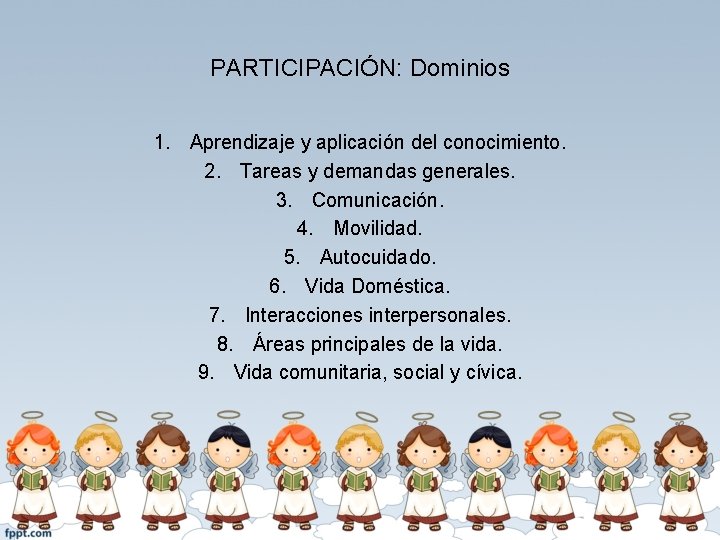 PARTICIPACIÓN: Dominios 1. Aprendizaje y aplicación del conocimiento. 2. Tareas y demandas generales. 3.