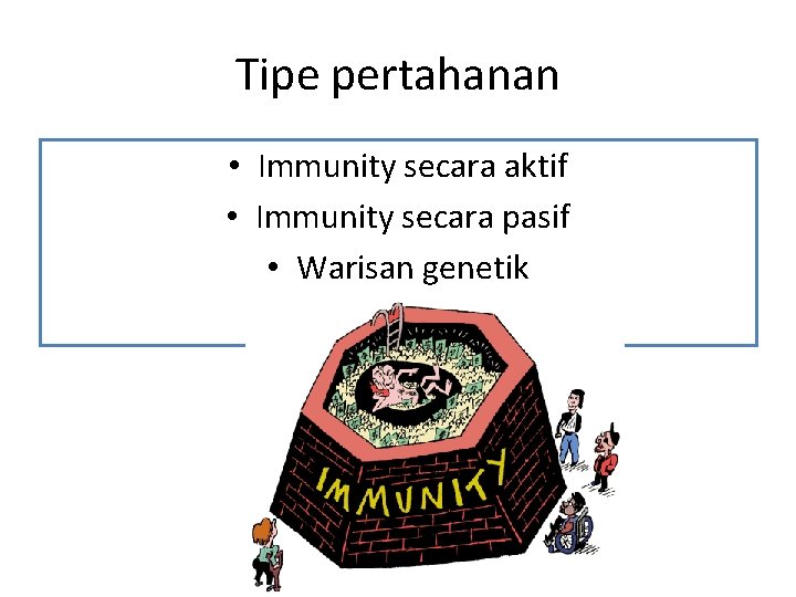 Tipe pertahanan • Immunity secara aktif • Immunity secara pasif • Warisan genetik 