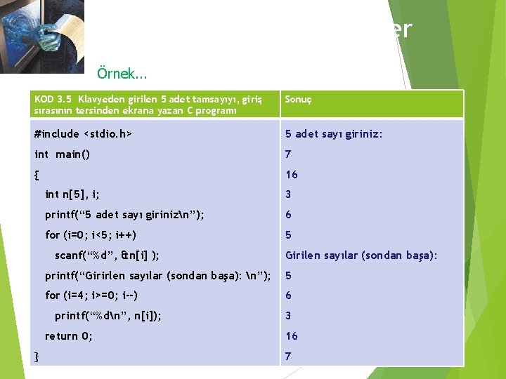 3. 1 Tek Boyutlu Diziler Örnek. . . KOD 3. 5 Klavyeden girilen 5