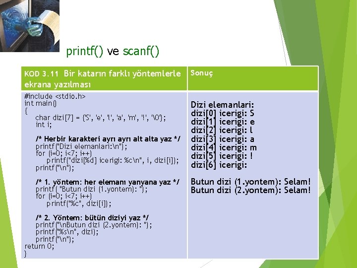 3. 3 Katar Dizileri printf() ve scanf() KOD 3. 11 Bir katarın farklı yöntemlerle