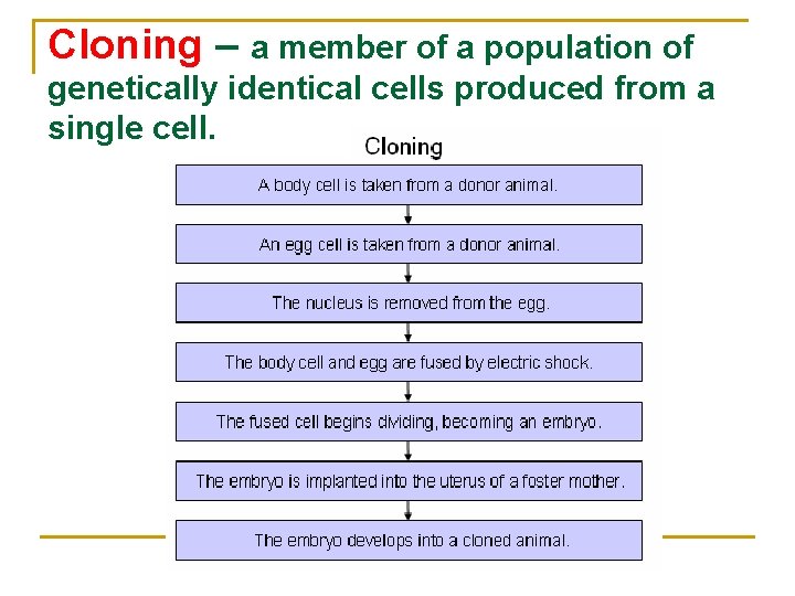 Cloning – a member of a population of genetically identical cells produced from a