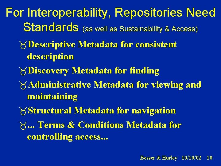 For Interoperability, Repositories Need Standards (as well as Sustainability & Access) Descriptive Metadata for