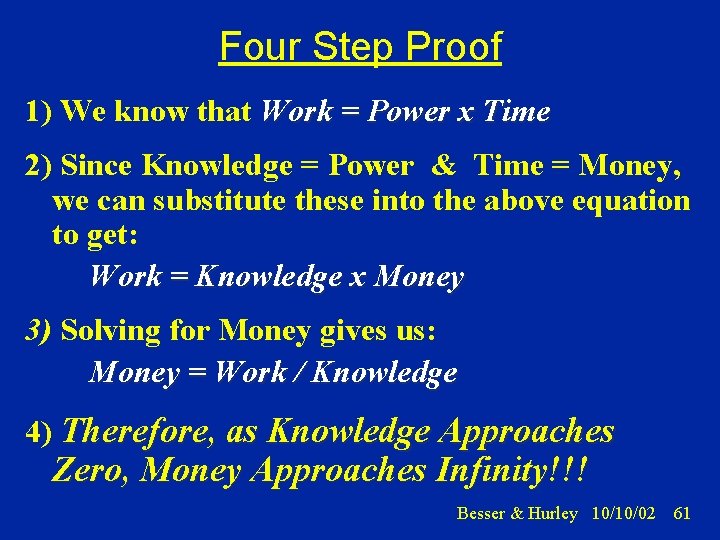 Four Step Proof 1) We know that Work = Power x Time 2) Since