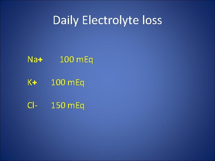 Daily Electrolyte loss Na+ Na 100 m. Eq K+ 100 m. Eq Cl- 150
