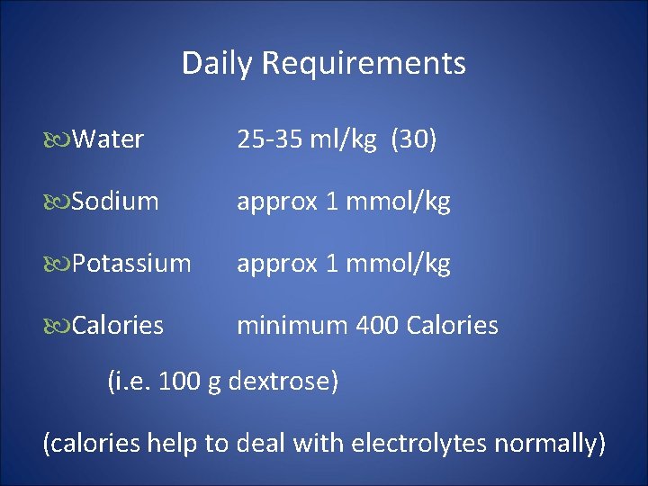 Daily Requirements Water 25 -35 ml/kg (30) Sodium approx 1 mmol/kg Potassium approx 1