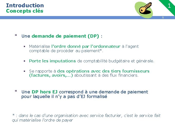 Introduction 1 Concepts clés 5 } Une demande de paiement (DP) : § Matérialise