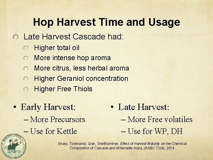 Hop Harvest Time and Usage Late Harvest Cascade had: Higher total oil More intense