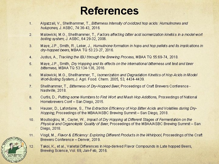 References 1. Algazzali, V. , Shellhammer, T. , Bitterness Intensity of oxidized hop acids: