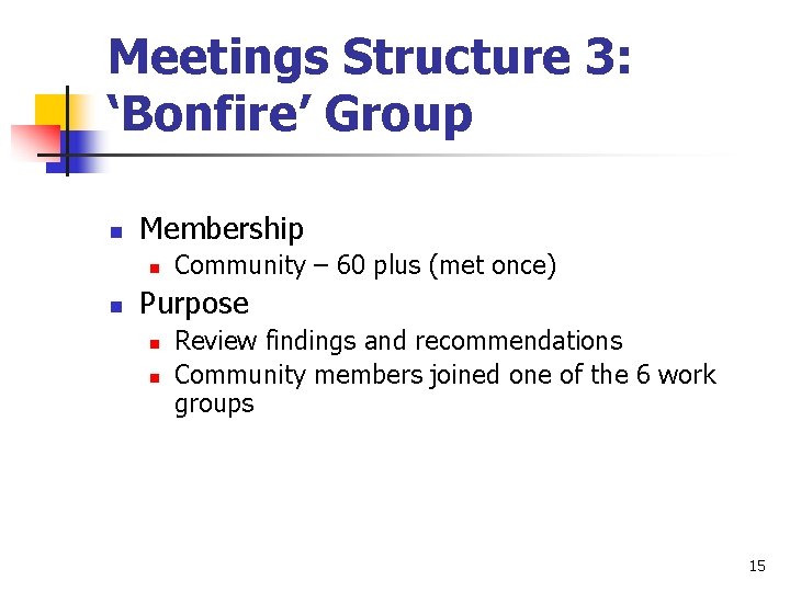 Meetings Structure 3: ‘Bonfire’ Group n Membership n n Community – 60 plus (met