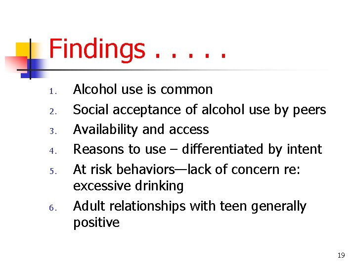 Findings. . . 1. 2. 3. 4. 5. 6. Alcohol use is common Social