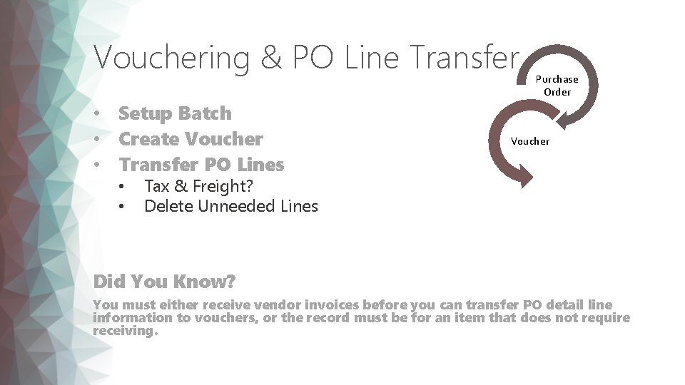 Vouchering & PO Line Transfer • Setup Batch • Create Voucher • Transfer PO