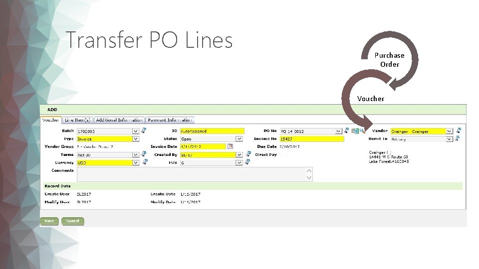 Transfer PO Lines Purchase Order Voucher 