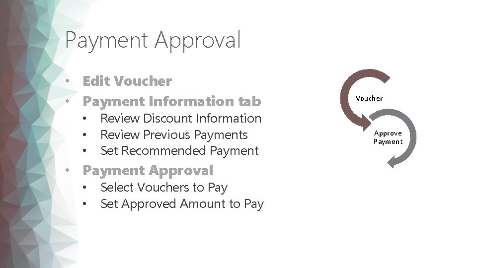 Payment Approval • Edit Voucher • Payment Information tab • • • Review Discount