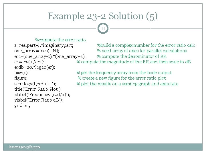 Example 23 -2 Solution (5) 11 %compute the error ratio z=realpart+i. *imaginarypart; %build a