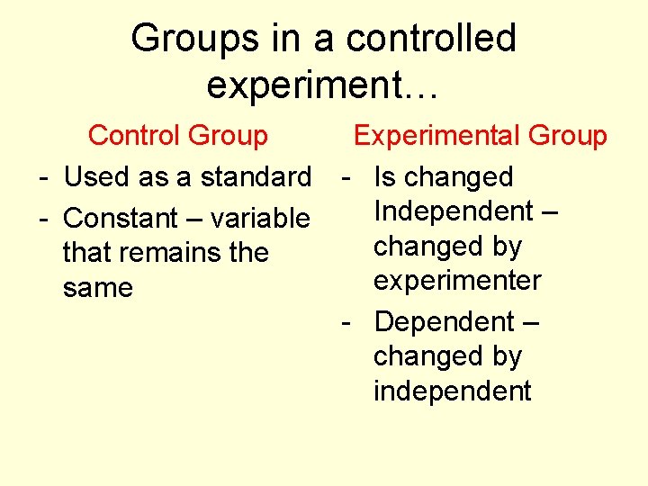 Groups in a controlled experiment… Control Group Experimental Group - Used as a standard