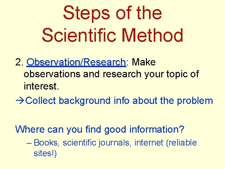 Steps of the Scientific Method 2. Observation/Research: Observation/Research Make observations and research your topic