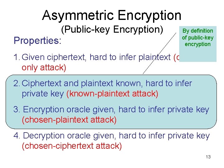 Asymmetric Encryption (Public-key Encryption) Properties: By definition of public-key encryption 1. Given ciphertext, hard Asymmetric Encryption (Public-key Encryption) Properties: By definition of public-key encryption 1. Given ciphertext, hard