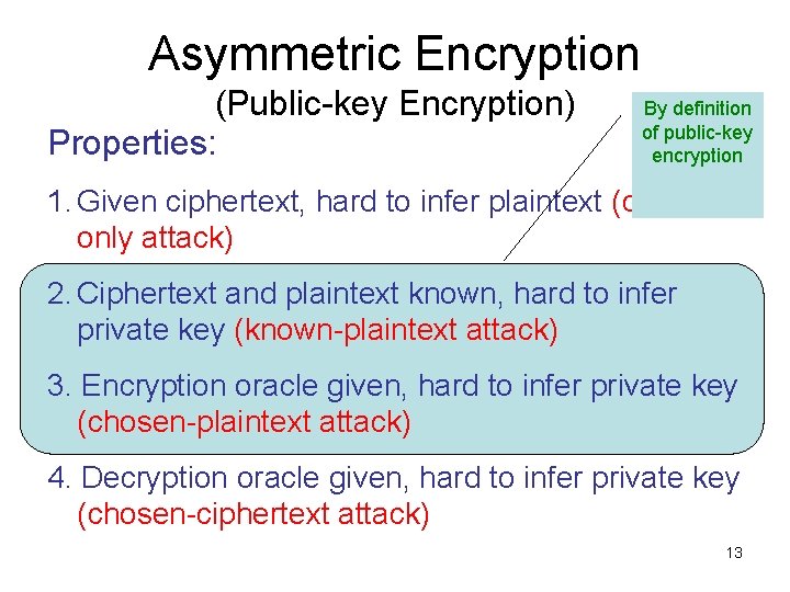 Asymmetric Encryption (Public-key Encryption) Properties: By definition of public-key encryption 1. Given ciphertext, hard