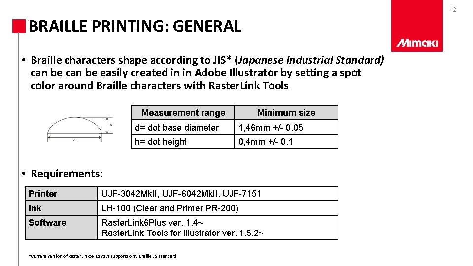 12 BRAILLE PRINTING: GENERAL • Braille characters shape according to JIS* (Japanese Industrial Standard)