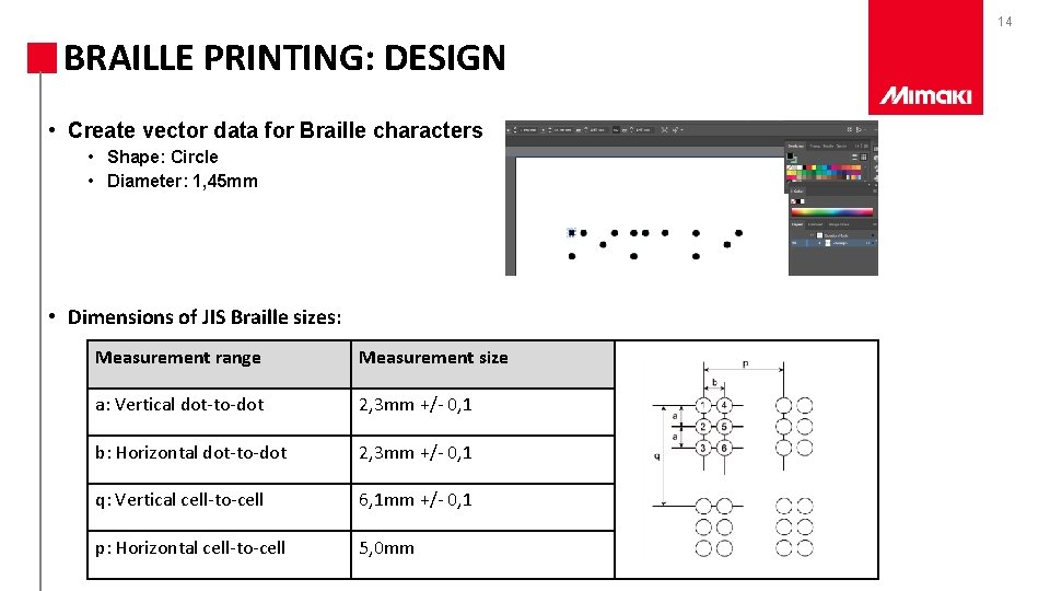 14 BRAILLE PRINTING: DESIGN • Create vector data for Braille characters • Shape: Circle