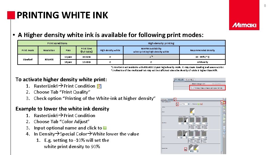 8 PRINTING WHITE INK • A Higher density white ink is available for following