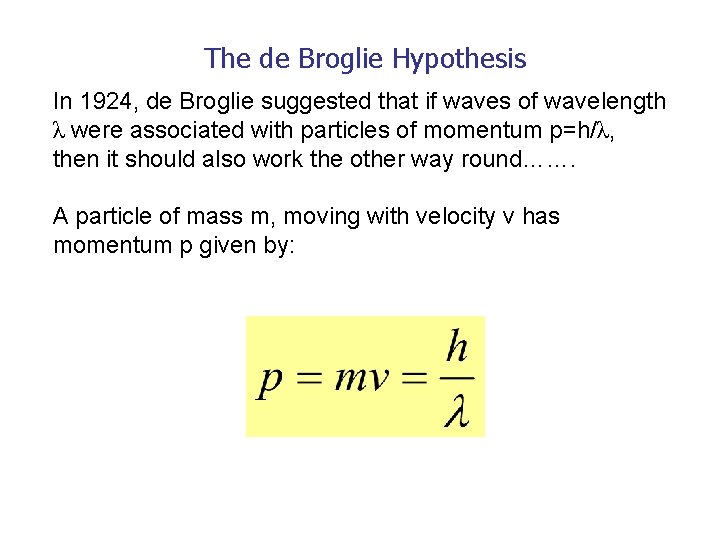 The de Broglie Hypothesis In 1924, de Broglie suggested that if waves of wavelength