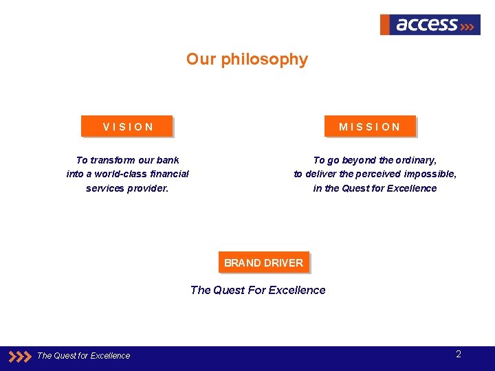 Our philosophy VISION To transform our bank into a world-class financial services provider. MISSION