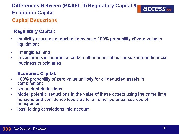 Differences Between (BASEL II) Regulatory Capital & Economic Capital Deductions Regulatory Capital: • Implicitly