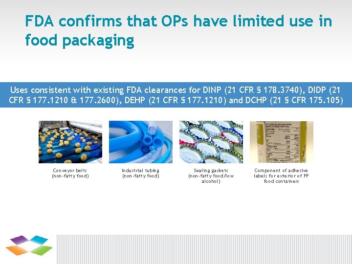 FDA confirms that OPs have limited use in food packaging Uses consistent with existing