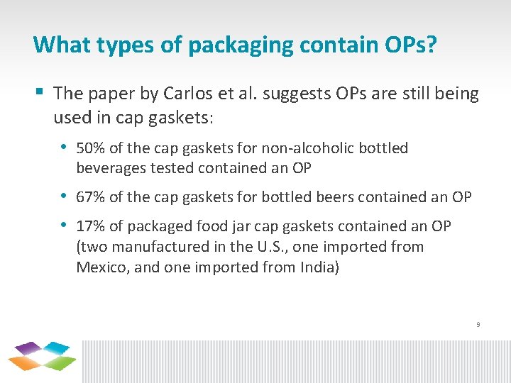 What types of packaging contain OPs? § The paper by Carlos et al. suggests