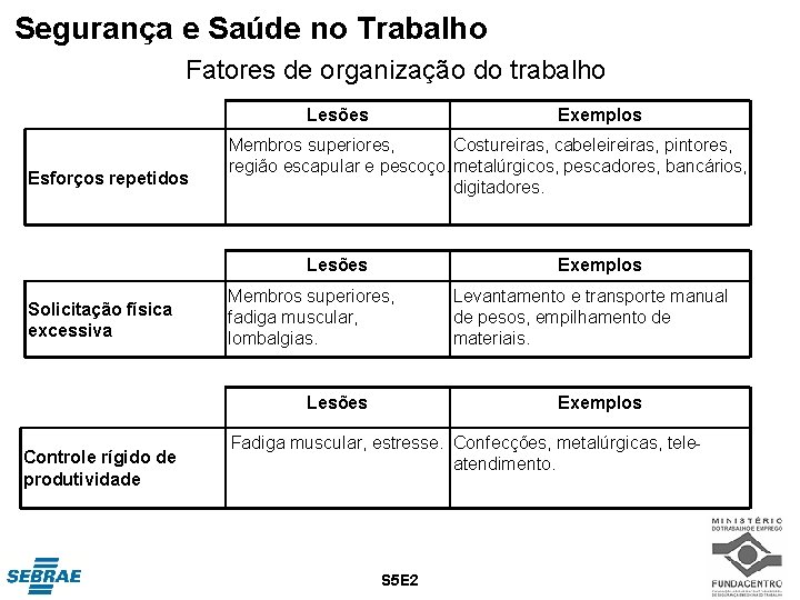 Segurança e Saúde no Trabalho Fatores de organização do trabalho Lesões Esforços repetidos Exemplos