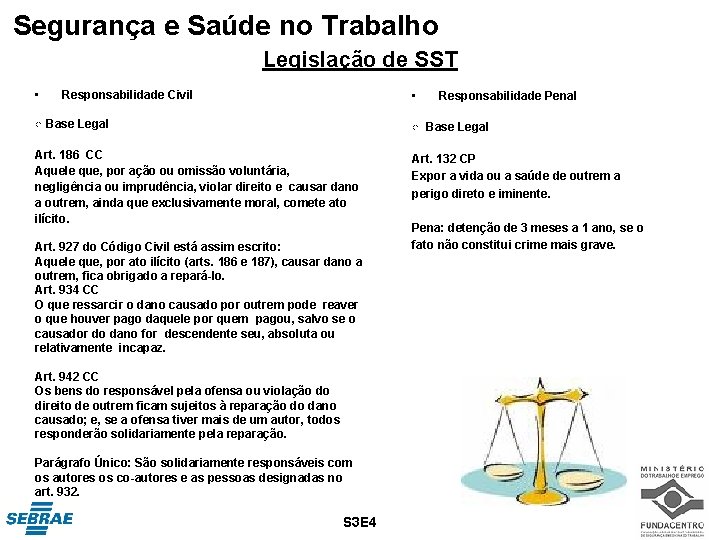 Segurança e Saúde no Trabalho Legislação de SST • Responsabilidade Civil • Responsabilidade Penal