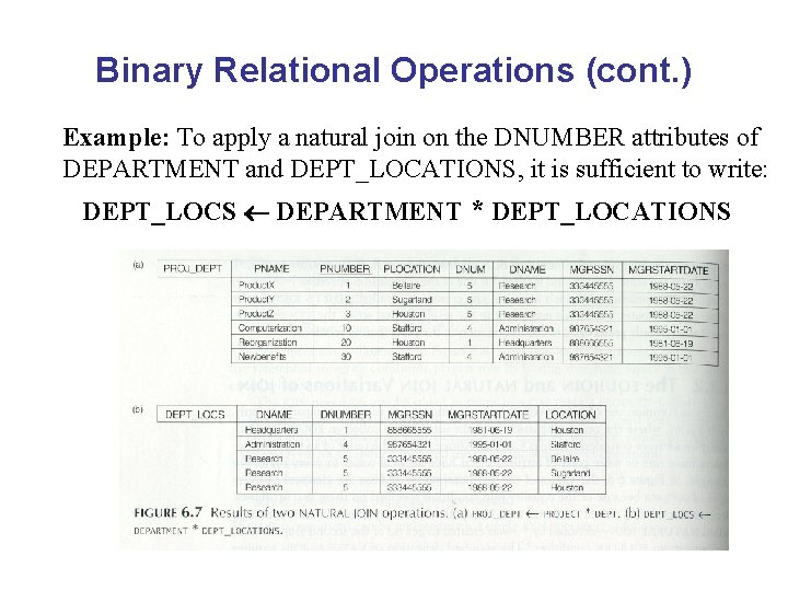 Binary Relational Operations (cont. ) Example: To apply a natural join on the DNUMBER