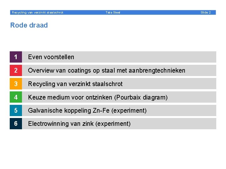 Recycling van verzinkt staalschrot Tata Steel Rode draad 1 Even voorstellen 2 Overview van