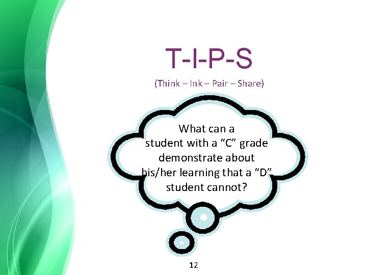 T-I-P-S (Think – Ink – Pair – Share) What can a student with a