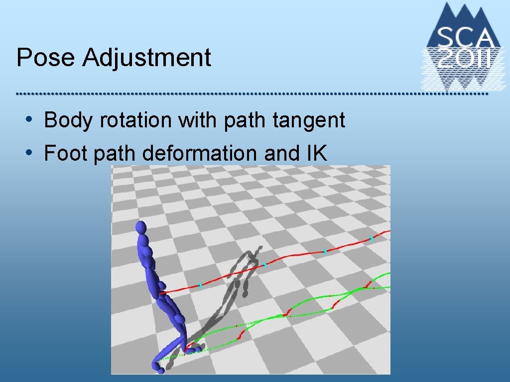 Pose Adjustment • Body rotation with path tangent • Foot path deformation and IK