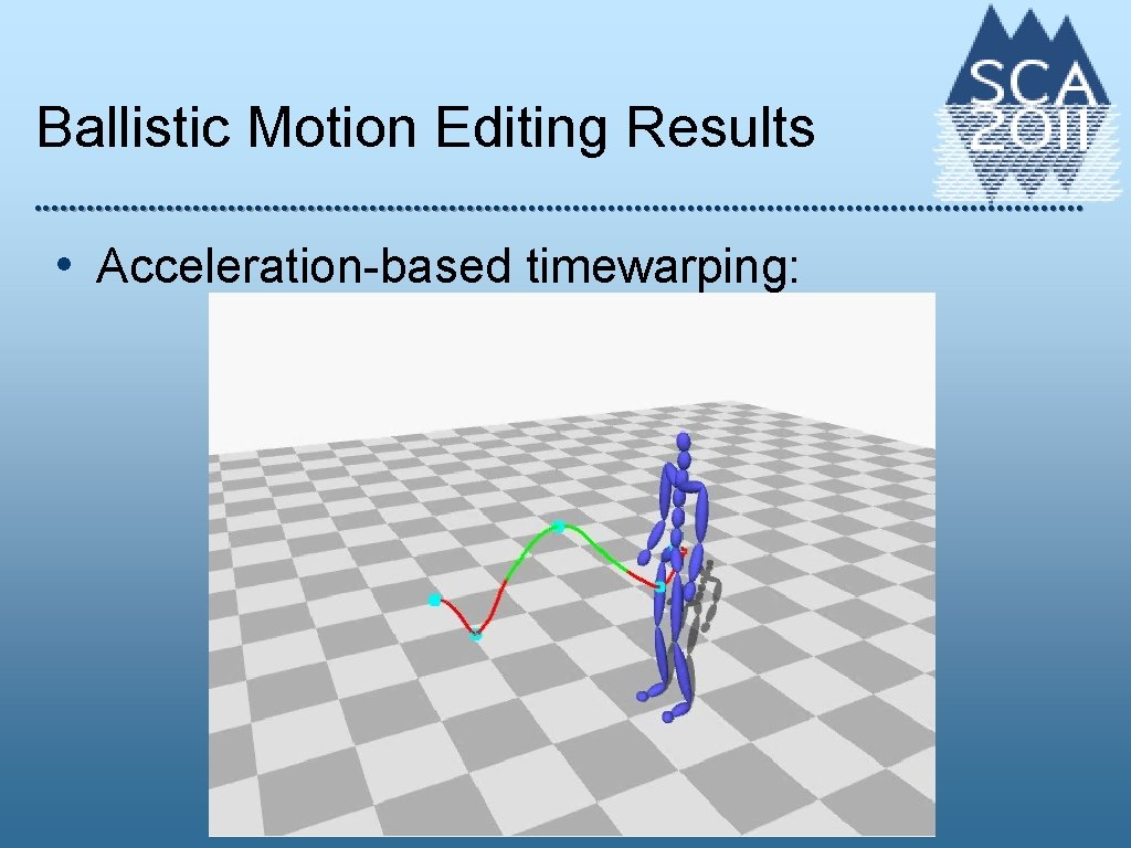 Ballistic Motion Editing Results • Acceleration-based timewarping: 