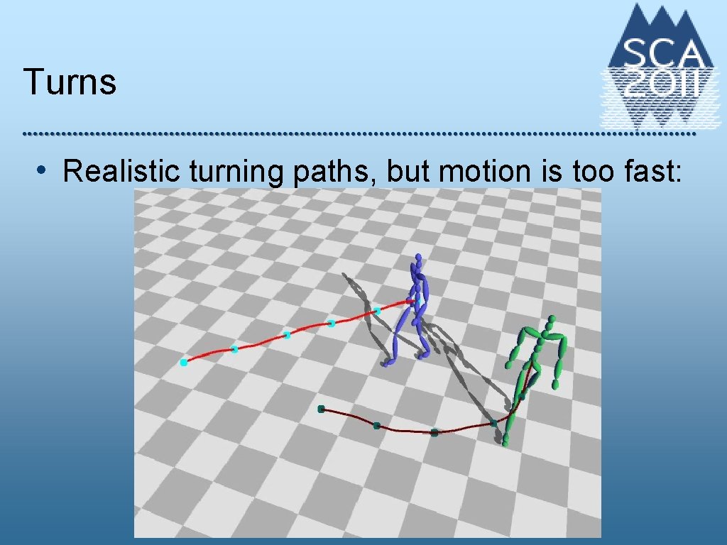 Turns • Realistic turning paths, but motion is too fast: 