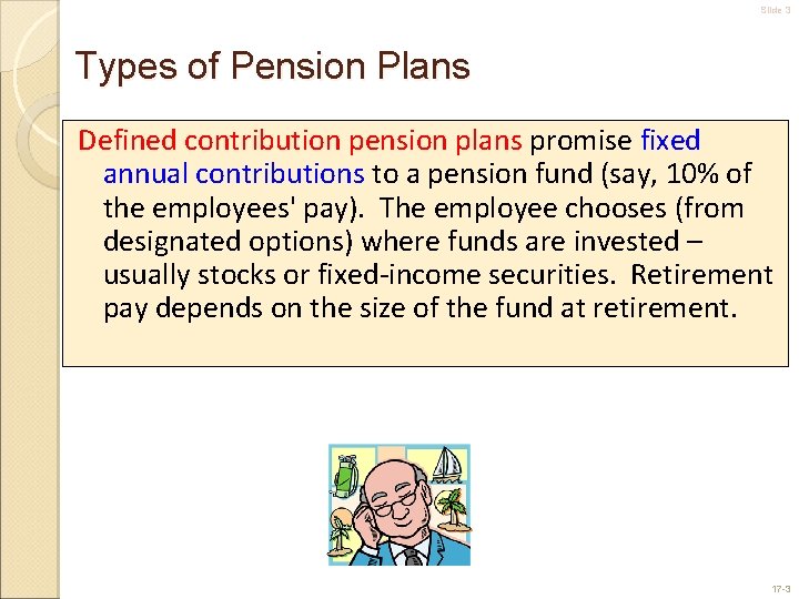Slide 3 Types of Pension Plans Defined contribution pension plans promise fixed annual contributions