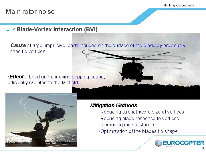 Main rotor noise Blade-Vortex Interaction (BVI) Cause : Large, impulsive loads induced on the