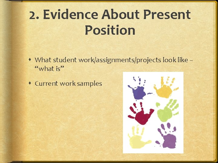 2. Evidence About Present Position What student work/assignments/projects look like – “what is” Current