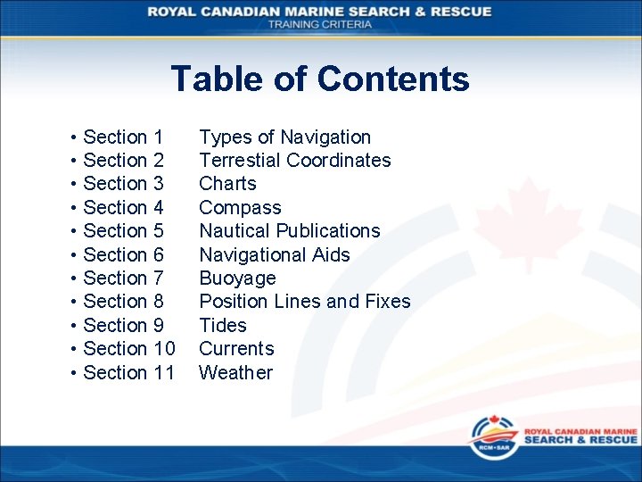 Table of Contents • Section 1 • Section 2 • Section 3 • Section