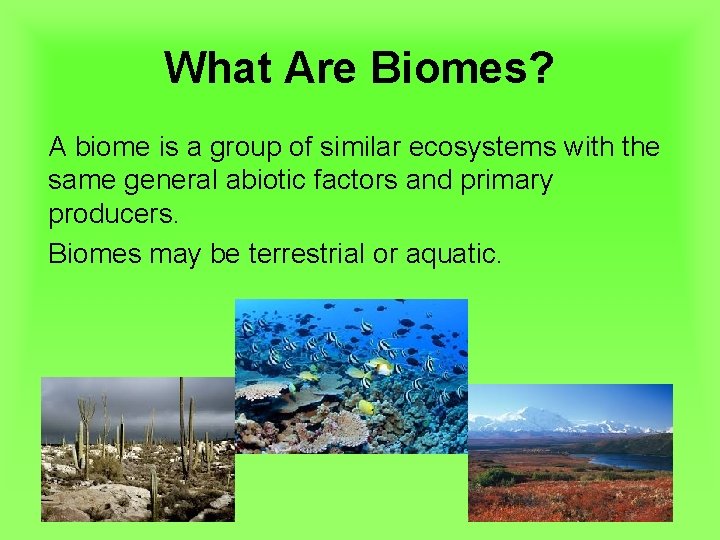 What Are Biomes? A biome is a group of similar ecosystems with the same