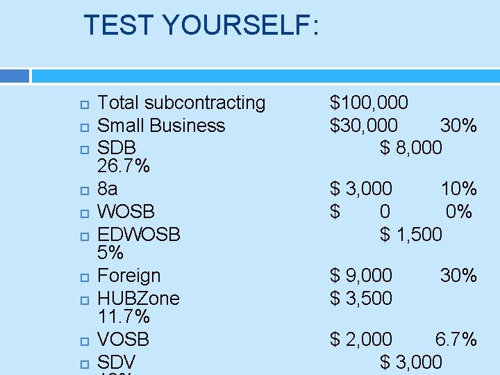 TEST YOURSELF: Total subcontracting Small Business SDB 26. 7% 8 a WOSB EDWOSB 5%