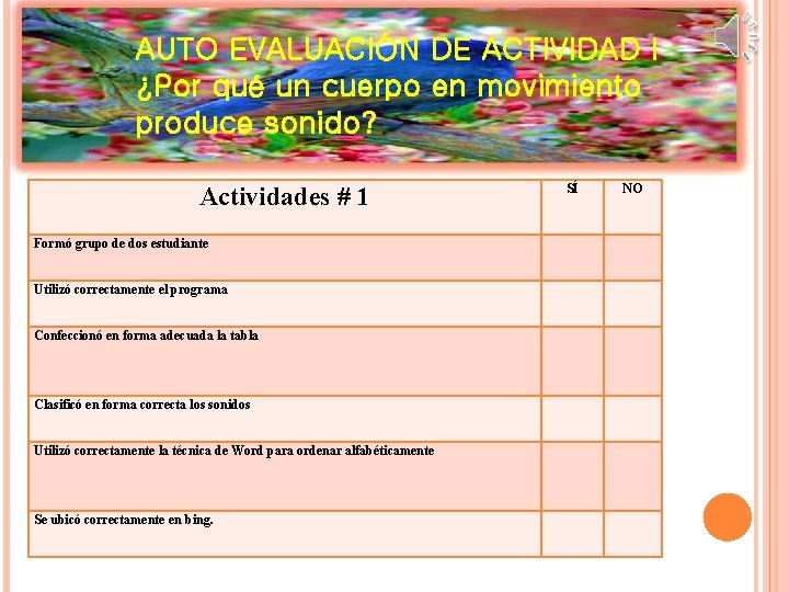 AUTO EVALUACIÓN DE ACTIVIDAD I ¿Por qué un cuerpo en movimiento produce sonido? SÍ